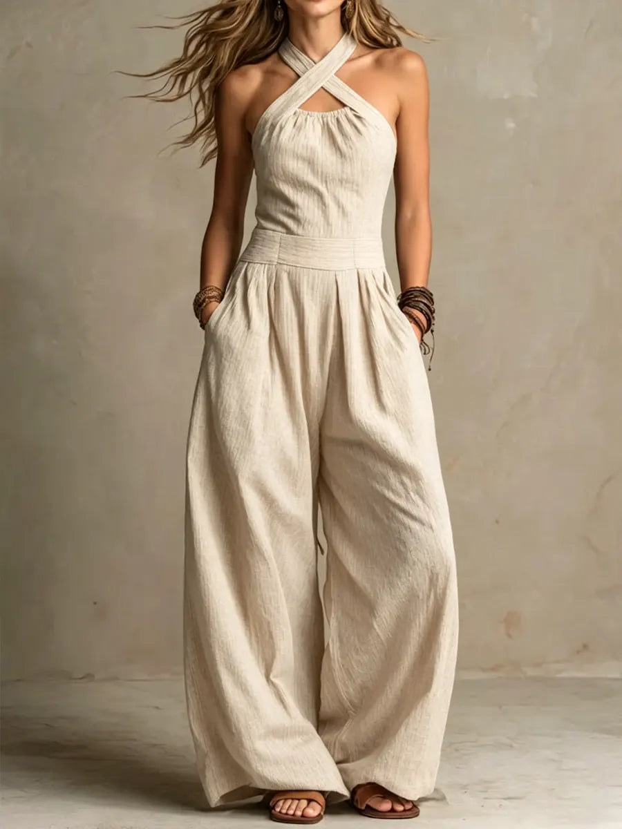 Fiorenzae - Women's Fluid Wrap Collar Wide Leg Elegant Jumpsuit