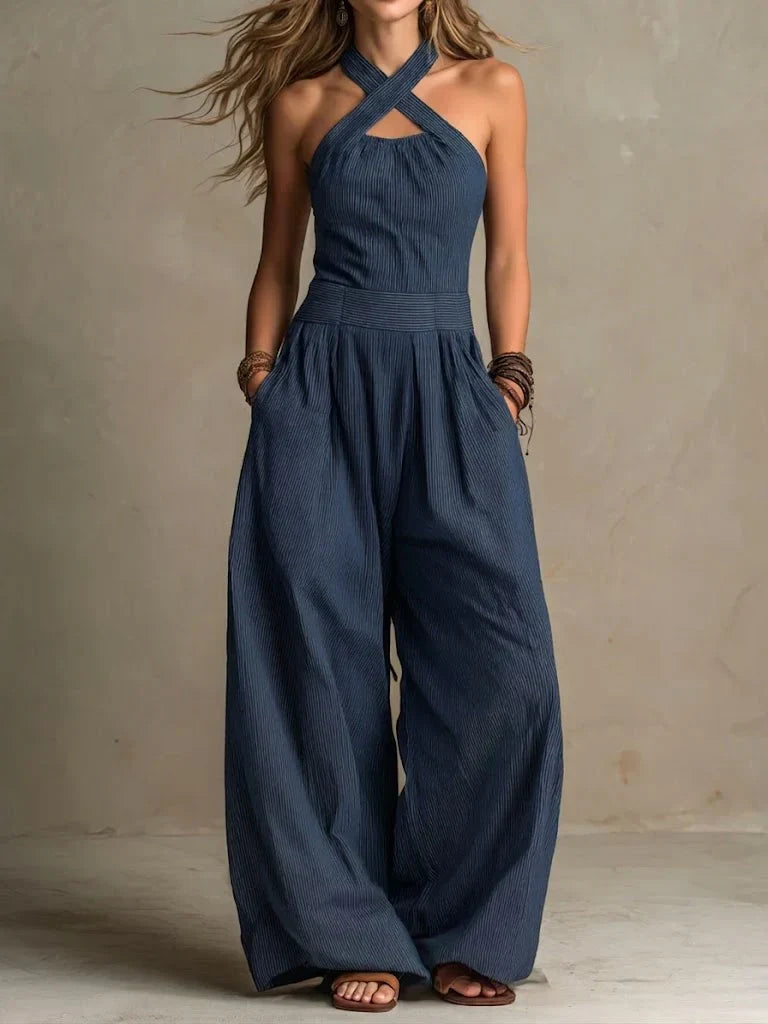 Fiorenzae - Women's Fluid Wrap Collar Wide Leg Elegant Jumpsuit
