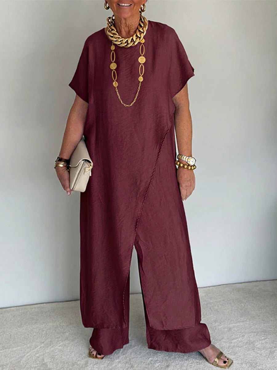 Gavinae - Women's Two-Piece Set: Long Tunic and Wide Linen Pants