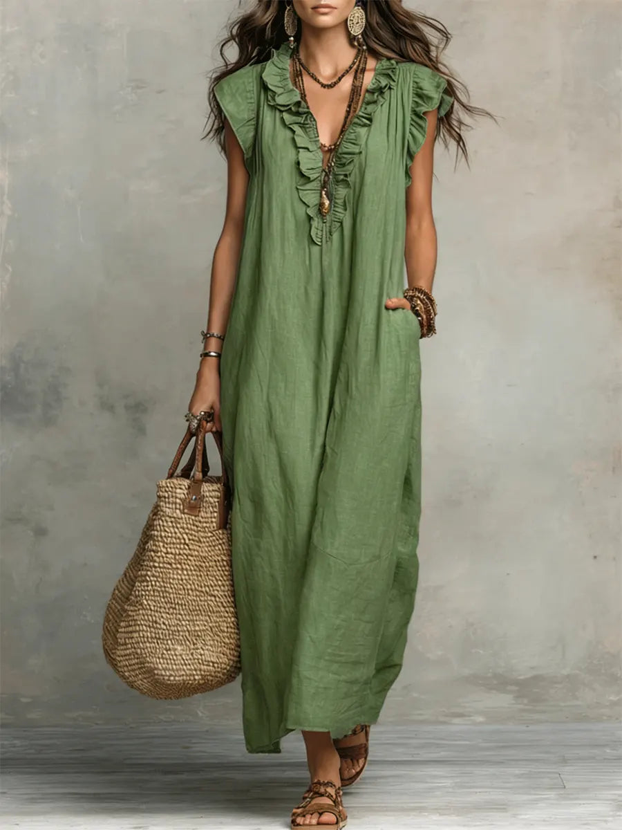 Izzellea - Women's Long Bohemian Linen Cotton Dress Loose Fit Elegant Ruffles