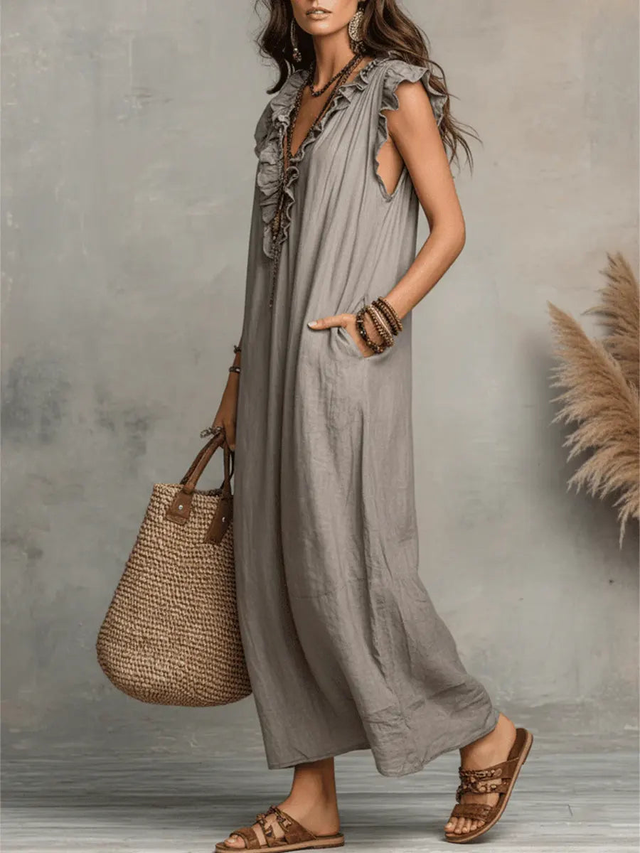 Izzellea - Women's Long Bohemian Linen Cotton Dress Loose Fit Elegant Ruffles