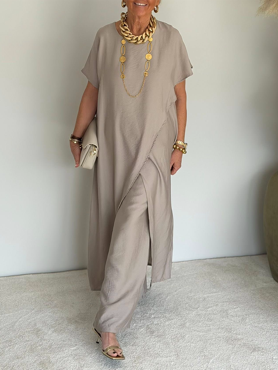 Gavinae - Women's Two-Piece Set: Long Tunic and Wide Linen Pants