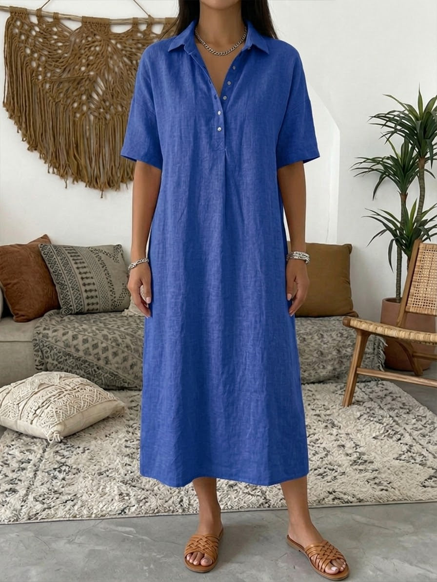 Iovelle - Women's Casual Cotton Linen Polo Dress Short Sleeve Summer