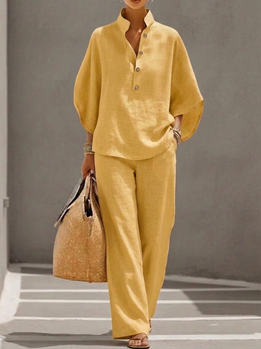 Daxira - Women's Cotton Linen Two-Piece Batwing Sleeve Wide-Leg Pants Set