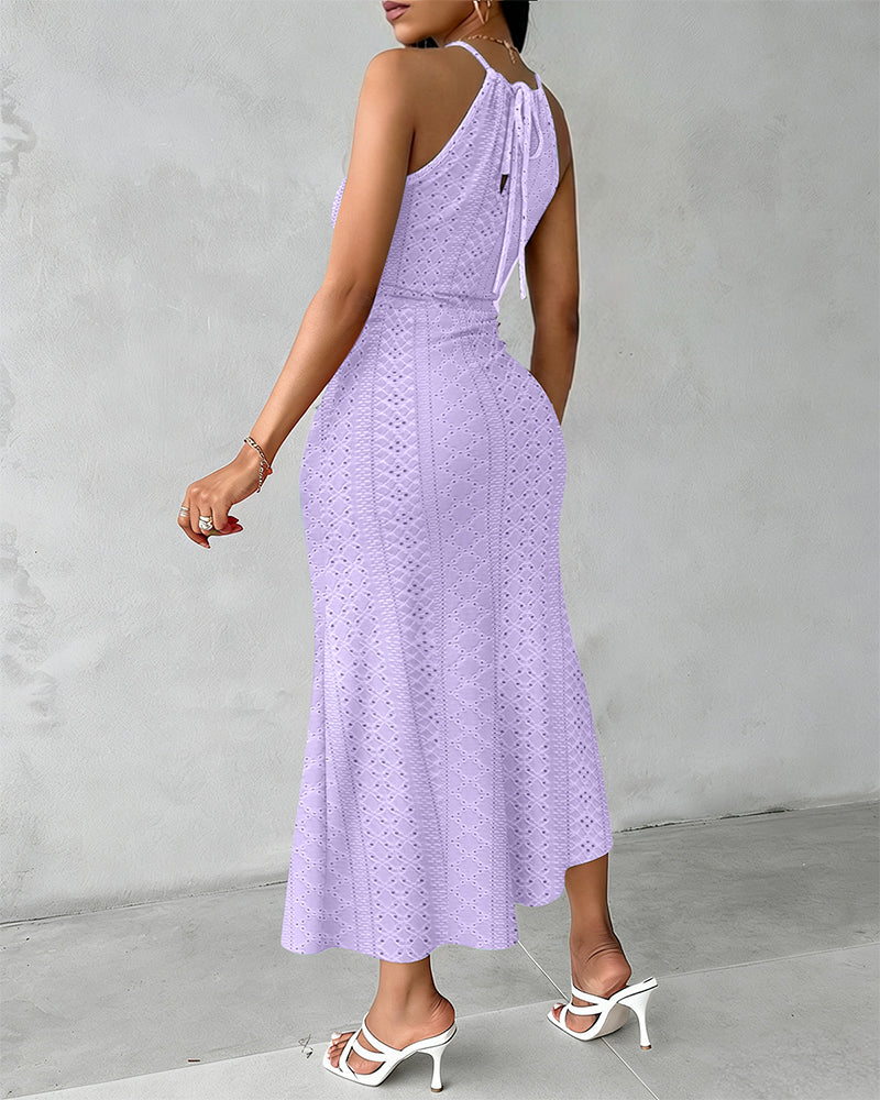 Fynovia - Women's elegant halter neck openwork jacquard split midi dress