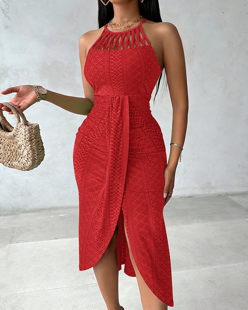 Fynovia - Women's elegant halter neck openwork jacquard split midi dress