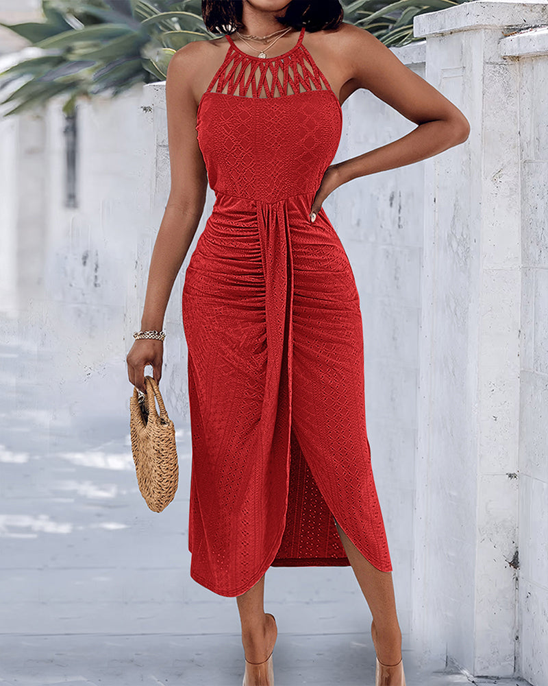 Fynovia - Women's elegant halter neck openwork jacquard split midi dress