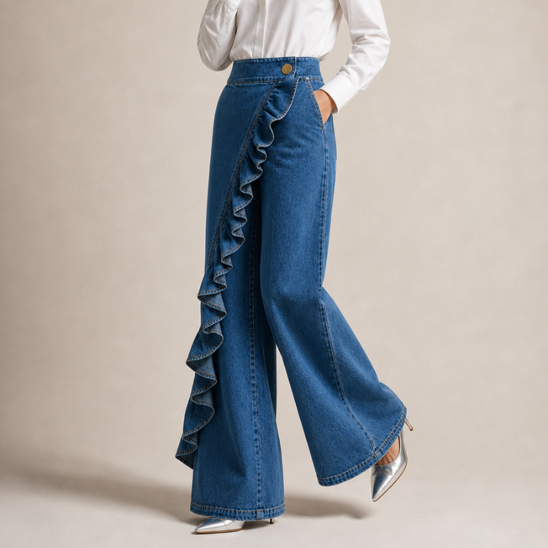 Izzavelle - Women's Wide-Leg Ruffled Denim Culottes in an Elegant Skirt-Pant Style