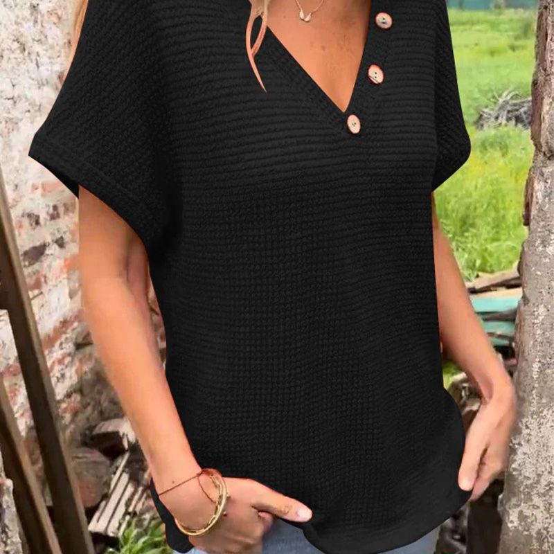 Adina - Elegant V-neck sweater with short sleeves and buttons
