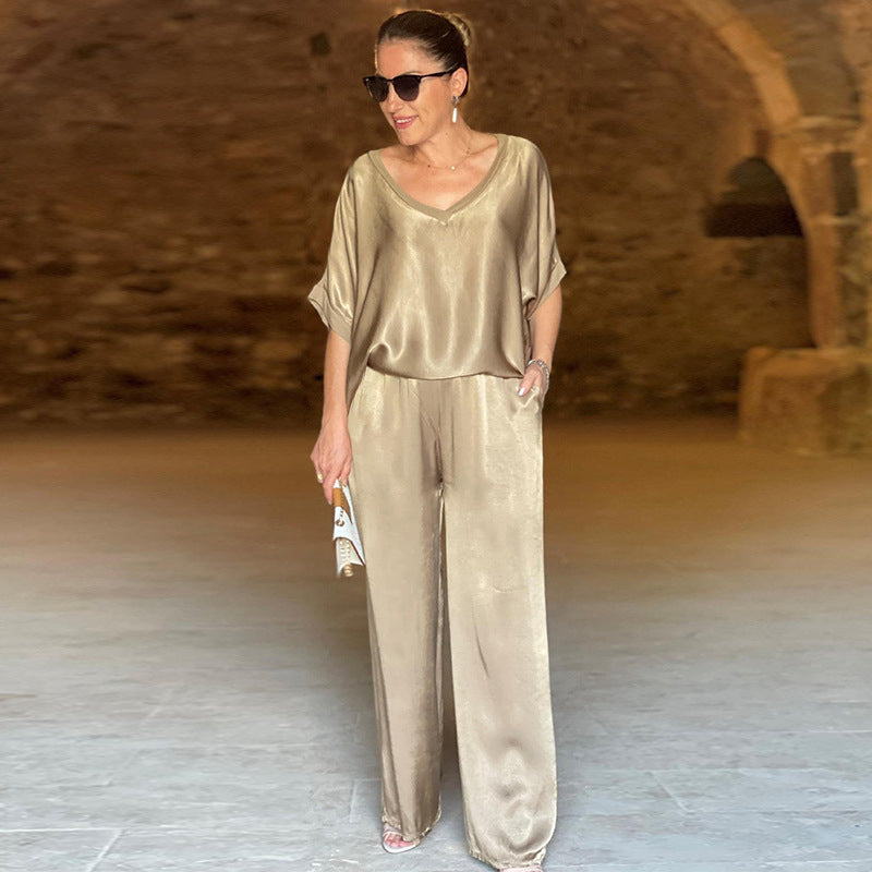 Laurie - Plus Size Elegant Shiny Two Piece Set with V Neck