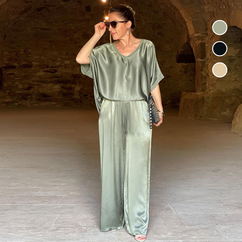 Laurie - Plus Size Elegant Shiny Two Piece Set with V Neck