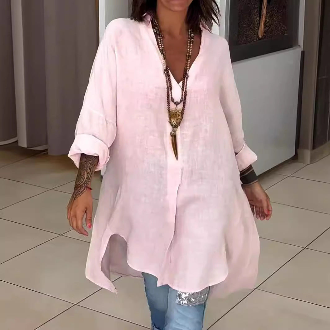 Melis - Cotton and linen summer shirt with V-neck
