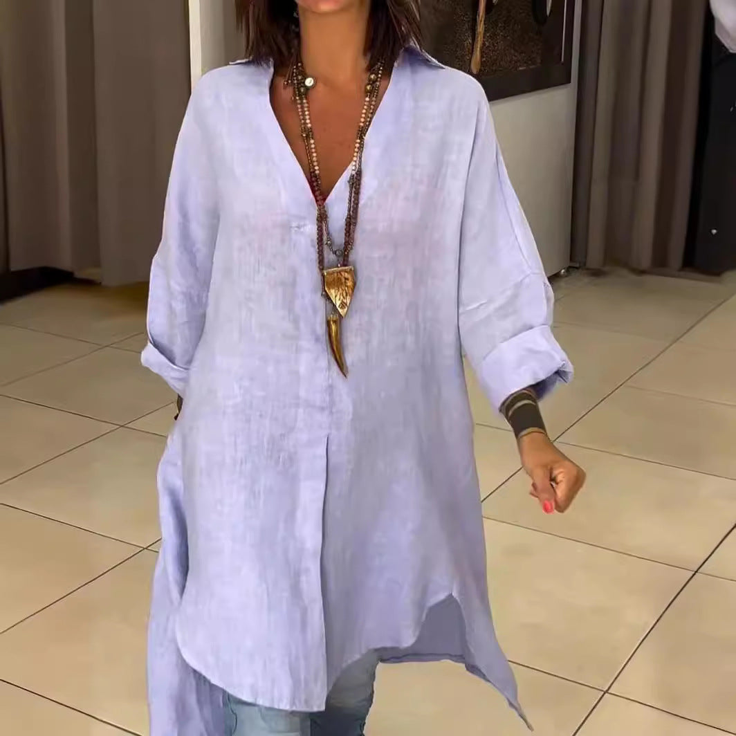 Melis - Cotton and linen summer shirt with V-neck