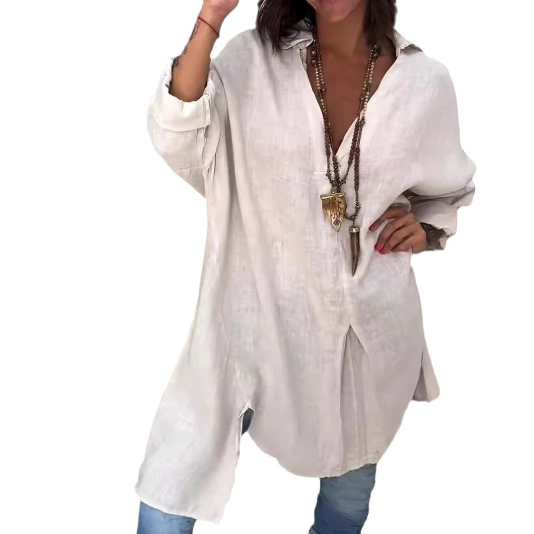 Melis - Cotton and linen summer shirt with V-neck