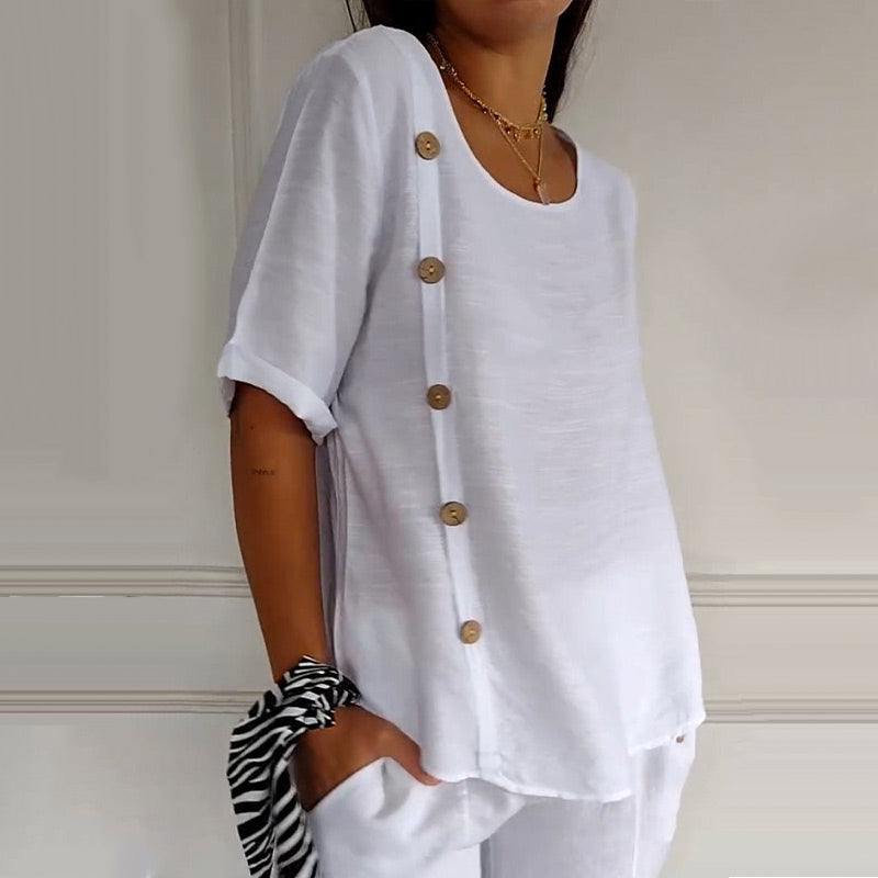 Rovryne - Women's Linen Round Neck Blouse with Side Buttons, Loose Fit, Summer