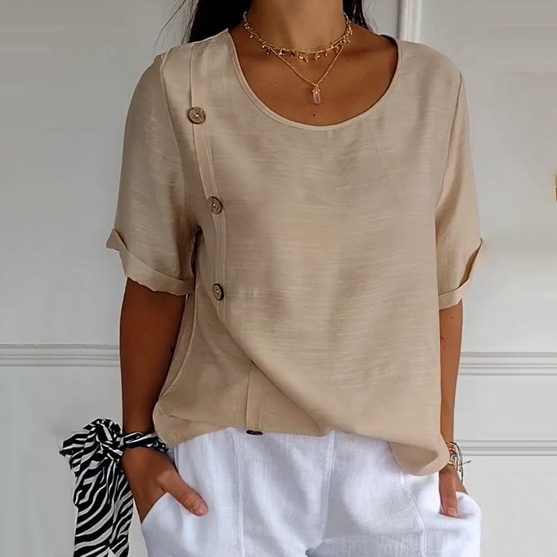 Rovryne - Women's Linen Round Neck Blouse with Side Buttons, Loose Fit, Summer