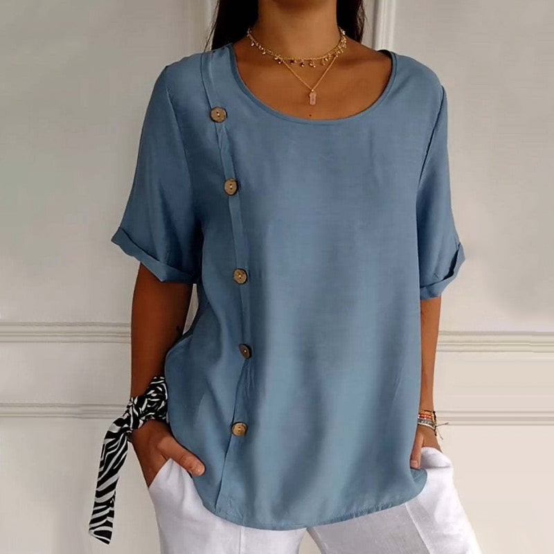 Rovryne - Women's Linen Round Neck Blouse with Side Buttons, Loose Fit, Summer