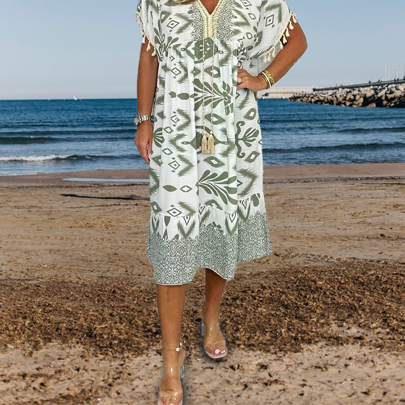 Juline - Casual printed dress with V-neck and fringes on short sleeves