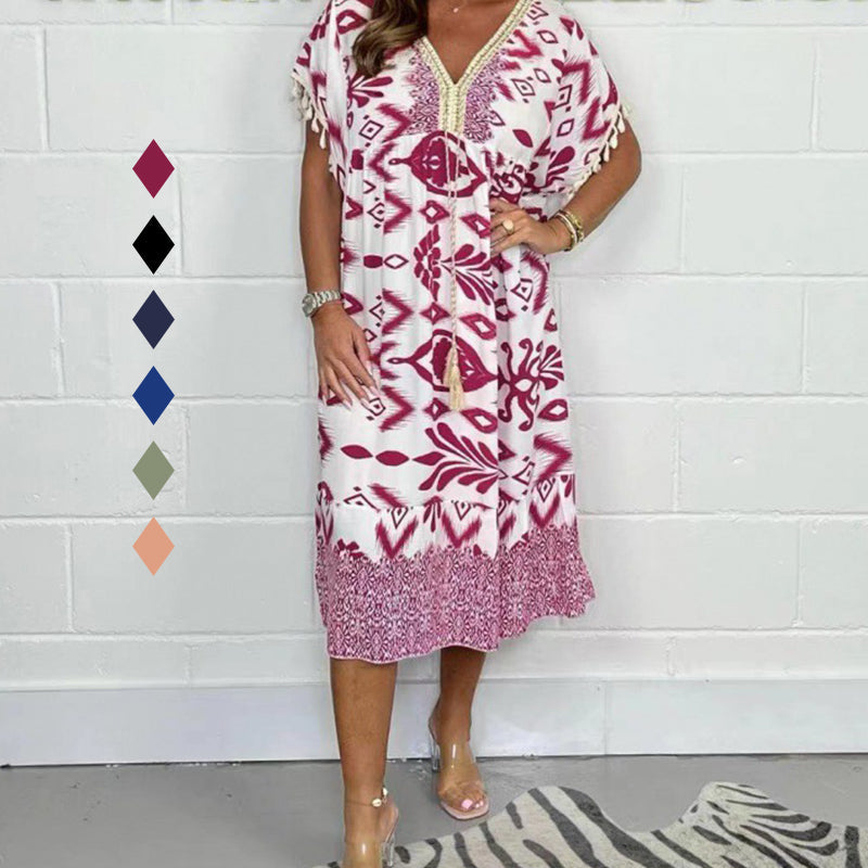 Juline - Casual printed dress with V-neck and fringes on short sleeves