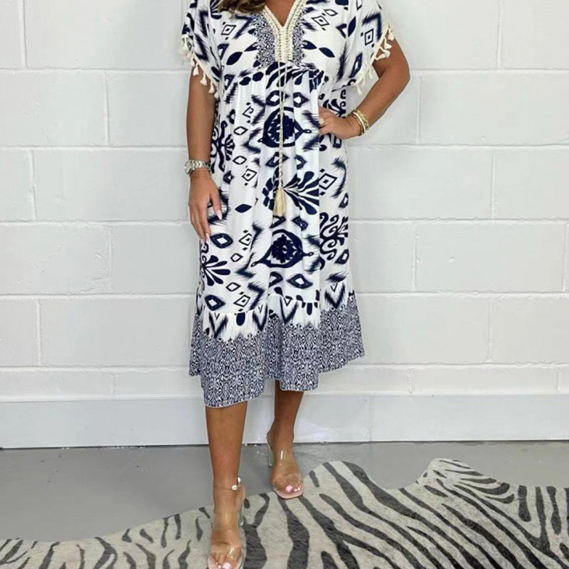 Juline - Casual printed dress with V-neck and fringes on short sleeves