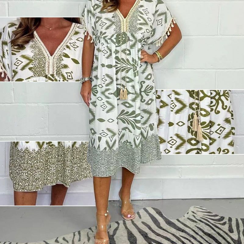 Juline - Casual printed dress with V-neck and fringes on short sleeves