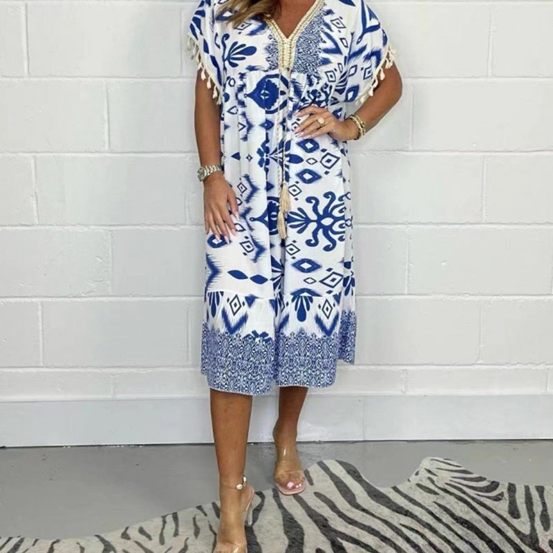 Juline - Casual printed dress with V-neck and fringes on short sleeves