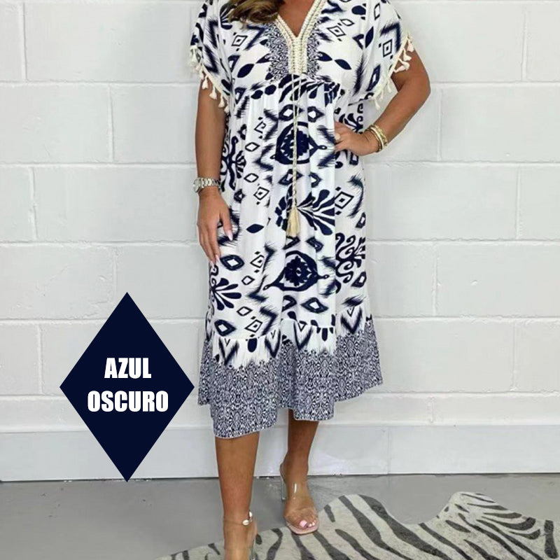 Juline - Casual printed dress with V-neck and fringes on short sleeves