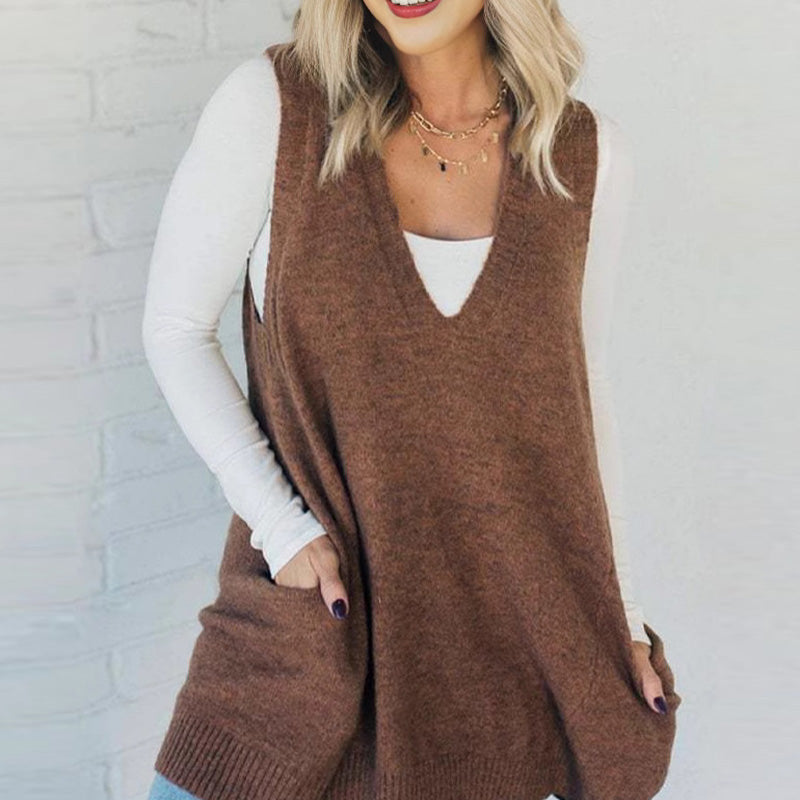 Carole - Gilet Tricot Sans Manches avec Poches et Col en V