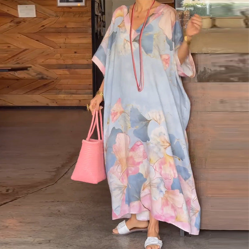 Myrelith - Women's Long Flowy Floral Print V-Neck Dress