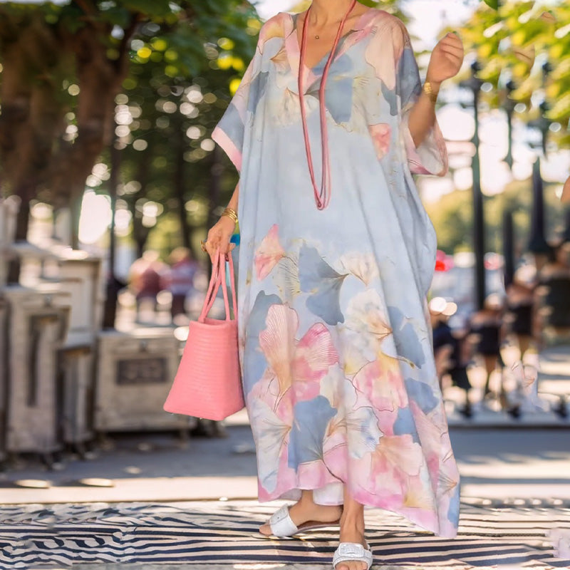 Myrelith - Women's Long Flowy Floral Print V-Neck Dress