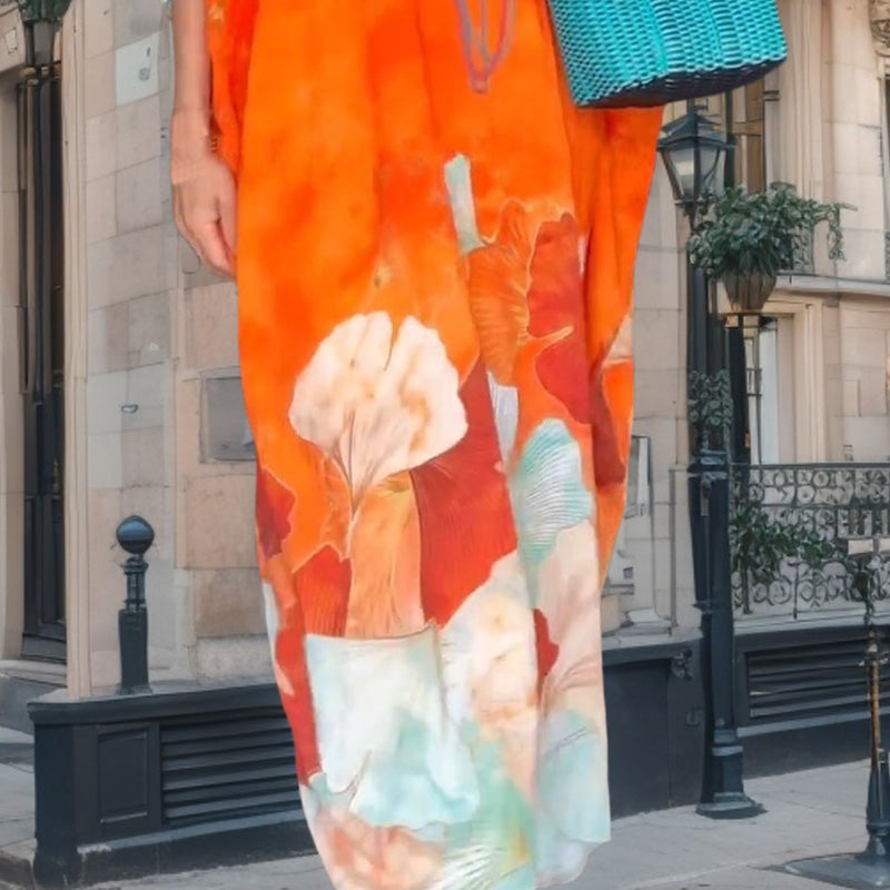 Myrelith - Women's Long Flowy Floral Print V-Neck Dress