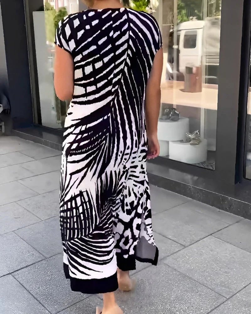Cenalyra - Women's Casual Short Sleeve Printed Midi Dress