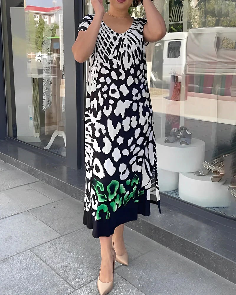 Cenalyra - Women's Casual Short Sleeve Printed Midi Dress