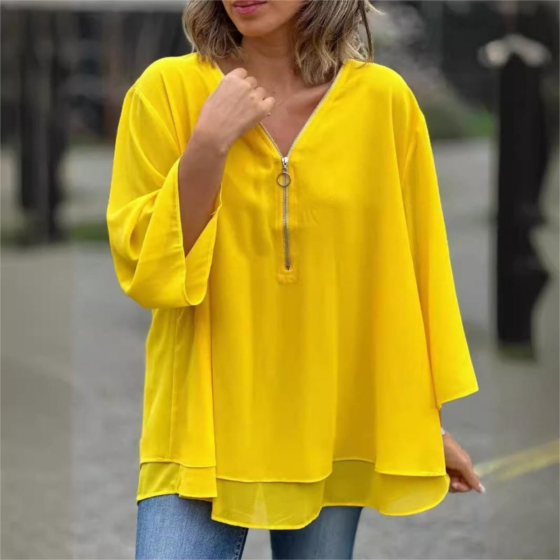 Ornella - Soft Double Layer Top with Zip and V-Neck
