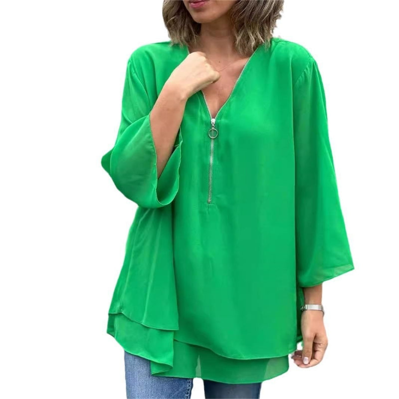 Ornella - Soft Double Layer Top with Zip and V-Neck