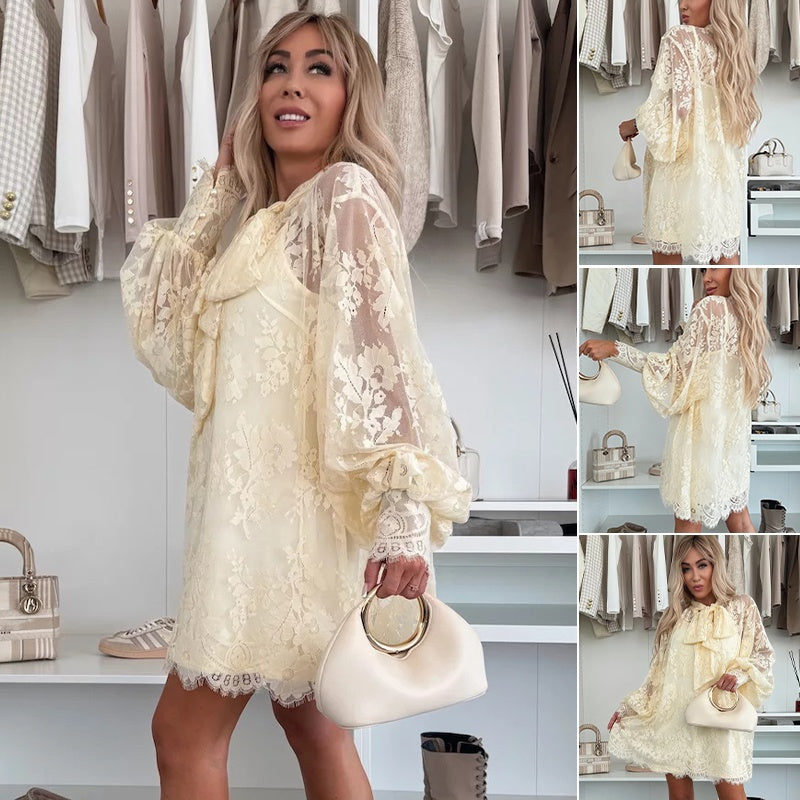 Flower - Elegant Lace Mini Dress with Bow