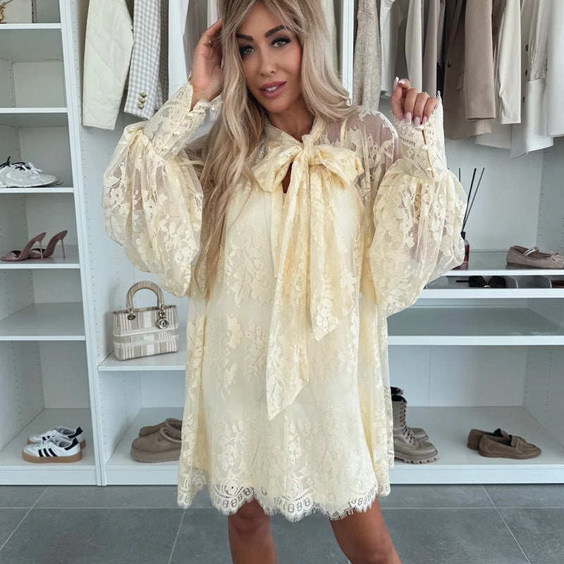 Flower - Elegant Lace Mini Dress with Bow