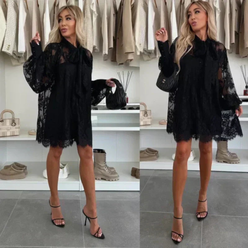 Flower - Elegant Lace Mini Dress with Bow