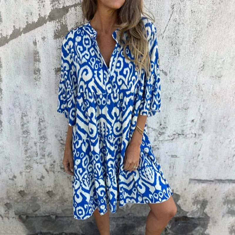 Astrid - Robe à Col V et Manches Trois-Quarts Imprimées
