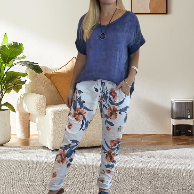 Evangeline - Women's 2 Piece Set - Solid Blouse and Casual Floral Print Pants