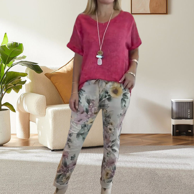 Evangeline - Women's 2 Piece Set - Solid Blouse and Casual Floral Print Pants