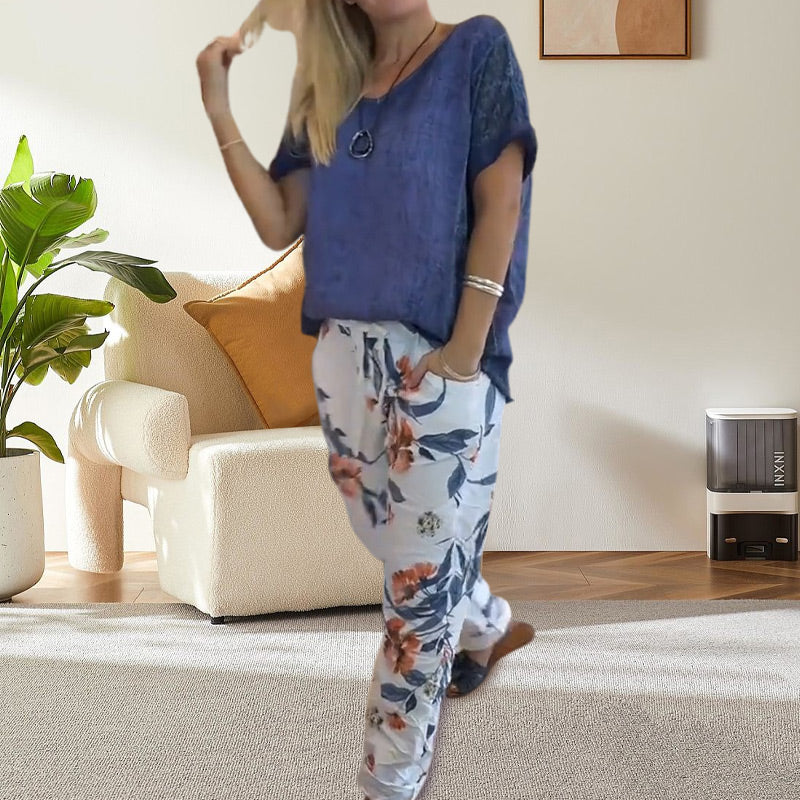 Evangeline - Women's 2 Piece Set - Solid Blouse and Casual Floral Print Pants