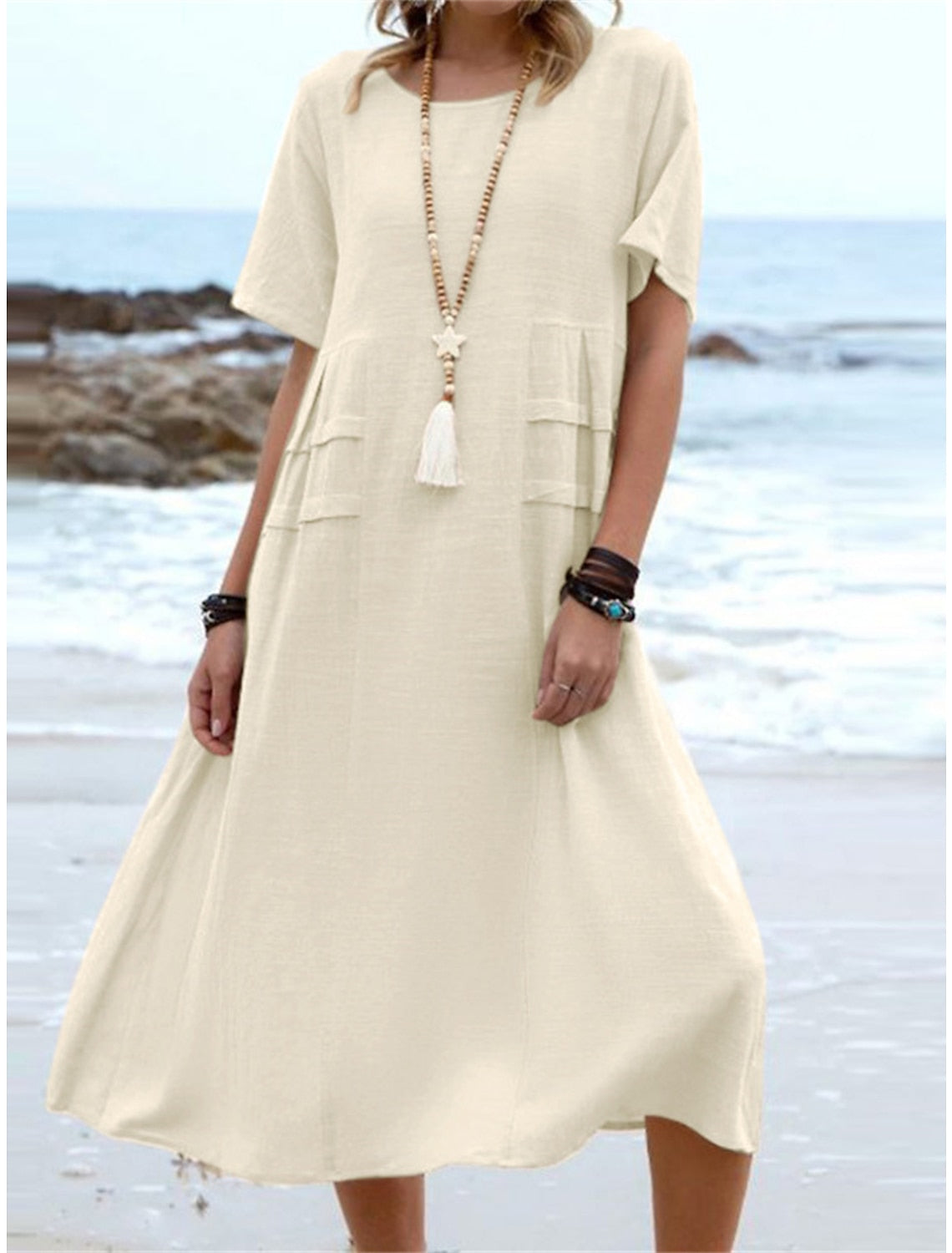 Oriana - Robe Midi en Coton et Lin à Col Rond