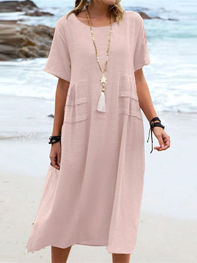 Oriana - Robe Midi en Coton et Lin à Col Rond