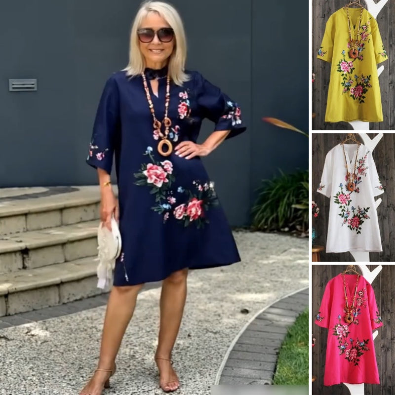 Yolanda - Loose Floral Cotton and Linen Dress with V-Neck