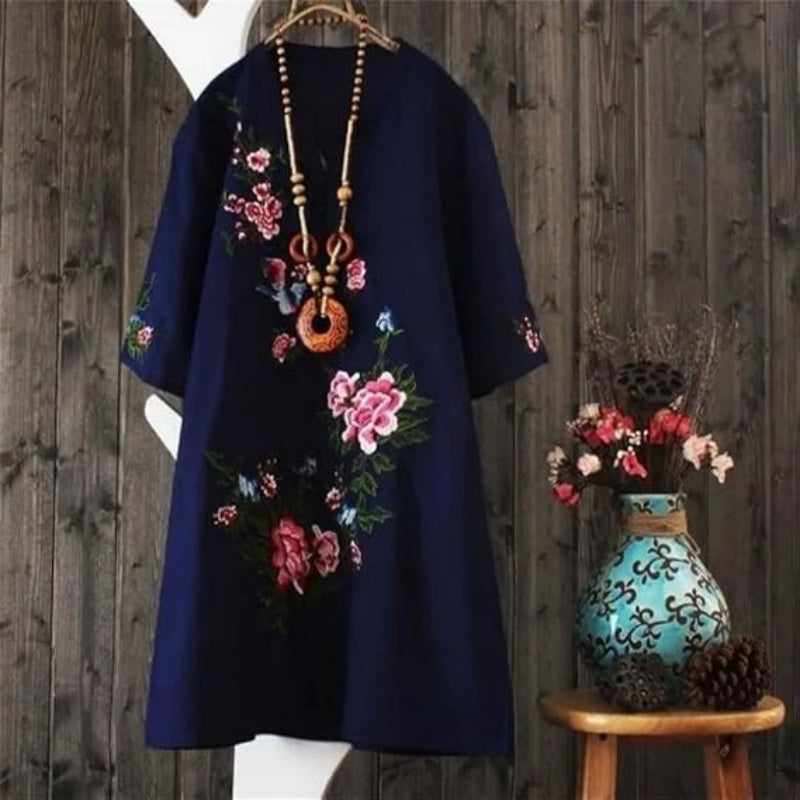 Yolanda - Loose Floral Cotton and Linen Dress with V-Neck