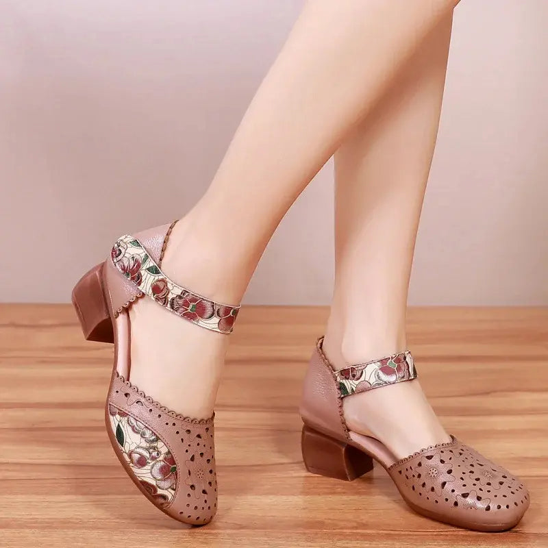 Sylvexa - Women's block heel leather cut-out floral velcro strap shoes