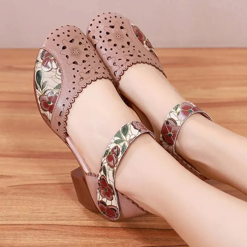Sylvexa - Women's block heel leather cut-out floral velcro strap shoes