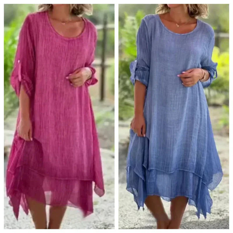 Odessa - Elegant Solid Round Neck Loose Fit Dress
