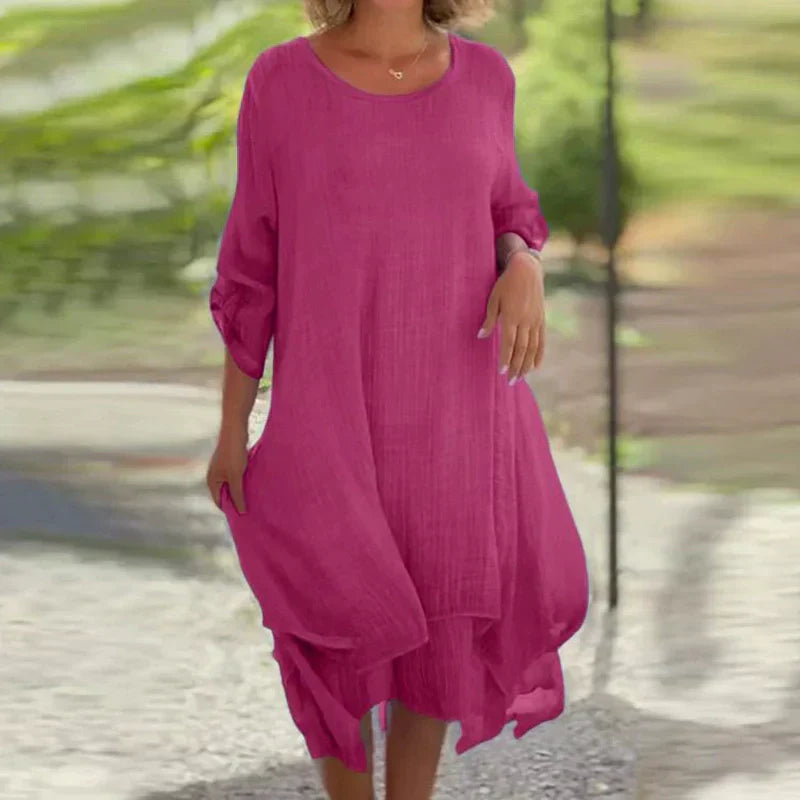 Odessa - Elegant Solid Round Neck Loose Fit Dress